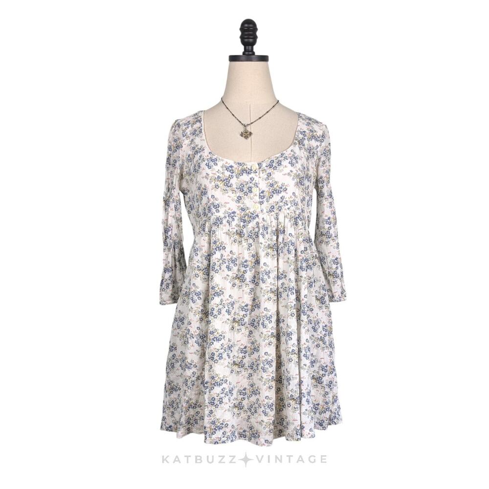 Ralph Lauren Babydoll Tunic Top Mini Dress S White Blue Floral Vintage Y2K Gauze
